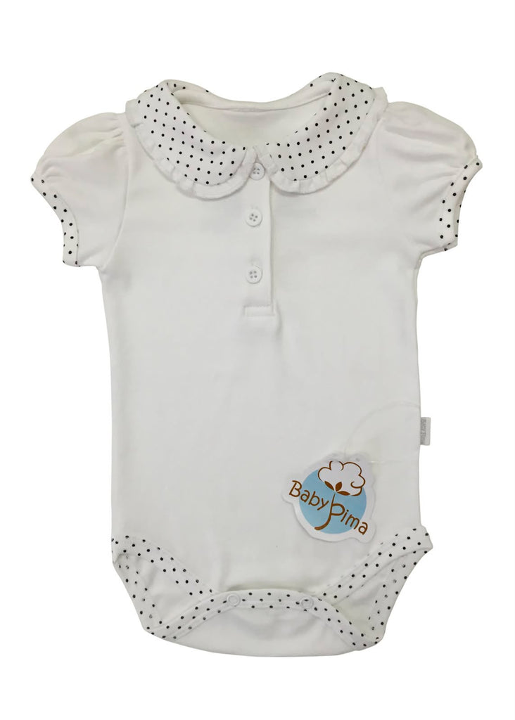 White short-sleeve bodysuit with blue dots