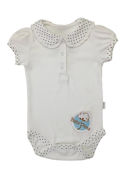 White short-sleeve bodysuit with blue dots