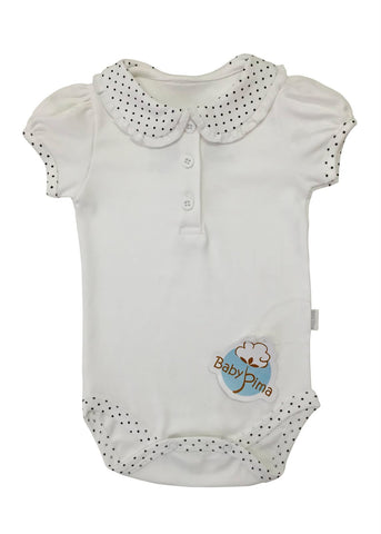 White short-sleeve bodysuit with blue dots