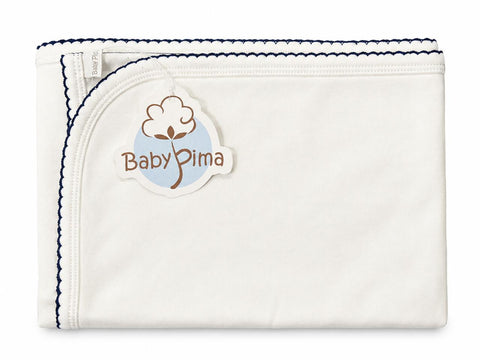 White blanket with navy trim