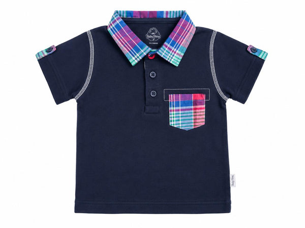 Navy polo with checked collar
