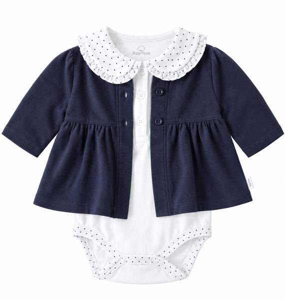 White short-sleeve bodysuit with blue dots