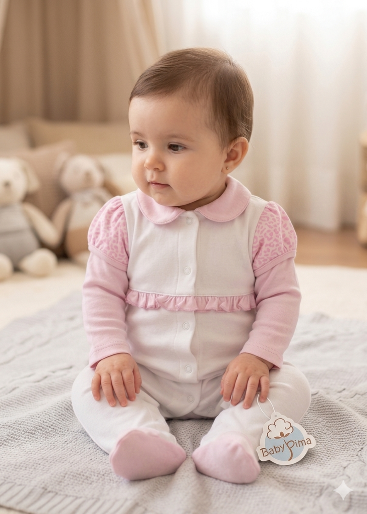 White and pink pajama with pink baby collar