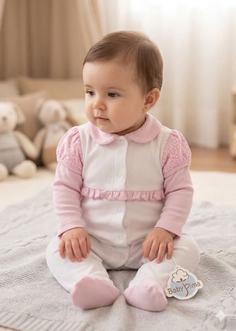 White and pink pajama with pink baby collar