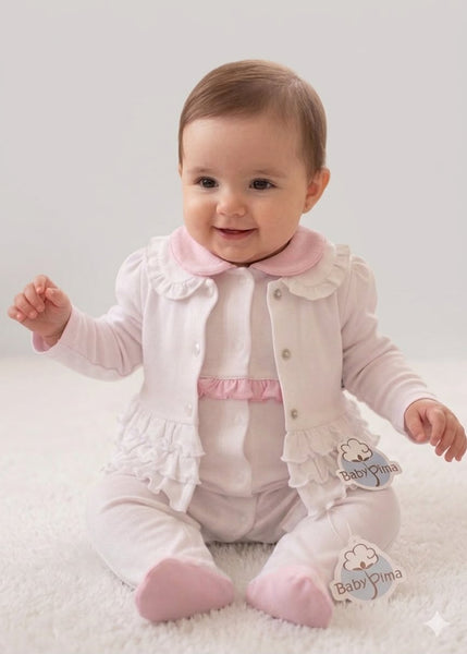 White and pink pajama with pink baby collar
