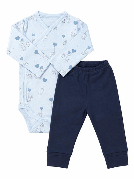 Elephants and rabbits kimono bodysuit baby blue