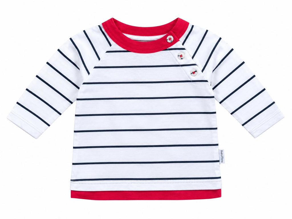 Blue striped long-sleeve tee with red collar