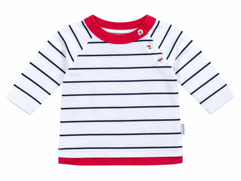 Blue striped long-sleeve tee with red collar