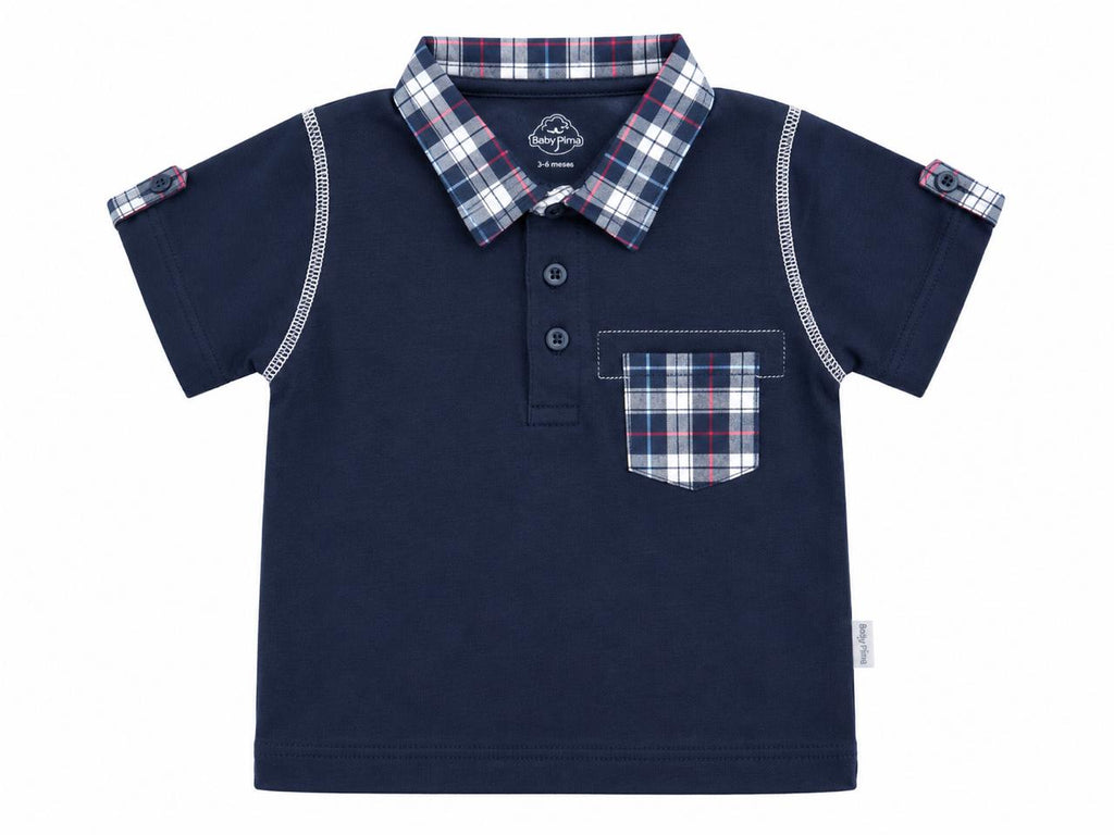 Navy polo with checked collar