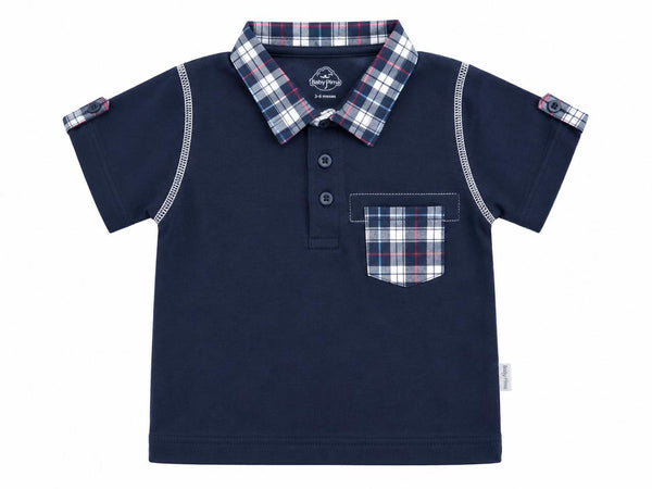Navy polo with checked collar