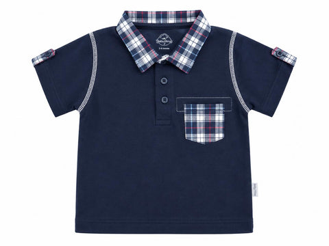 Navy polo with checked collar