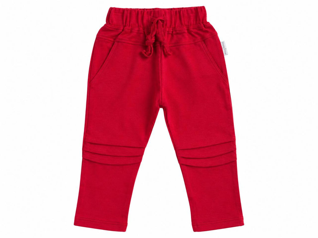Red pants with knee pleats
